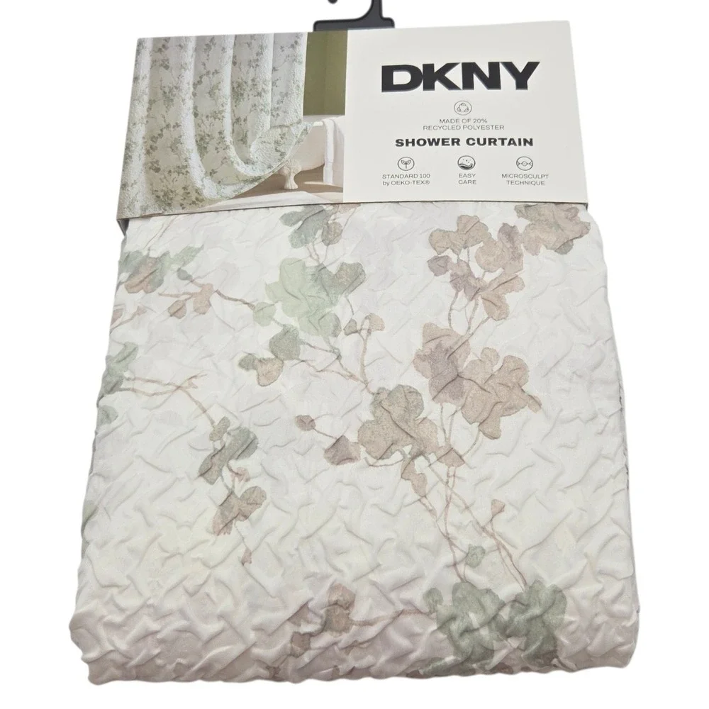 DKNY Wallflower Microsculpt Shower Curtain White Green Floral 72x72 NEW